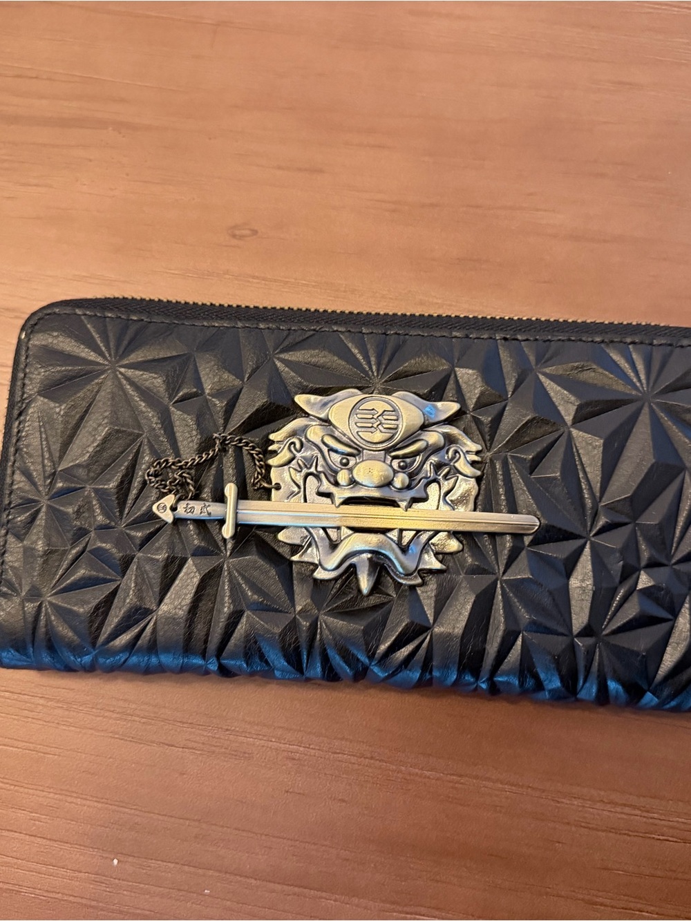 Black Textured Zip Wallet with Silver Dragon Sword Accent